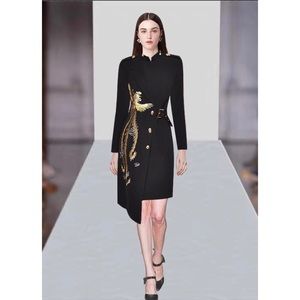 Golden Phoenix Black Embroidery Asymmetrical Dress